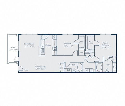 Floor plan for 2 beds, 2 baths, 1300 sqft